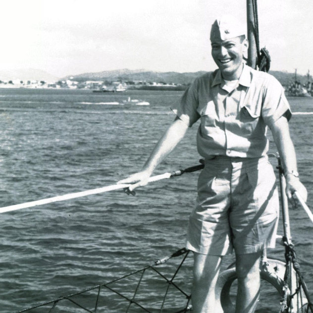 Leonard Lauder in uniform on Navy boat