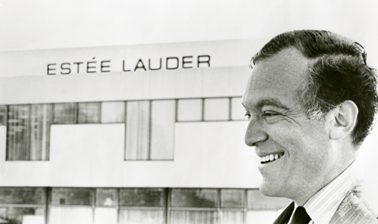 Leonard Lauder in front of Melville plant