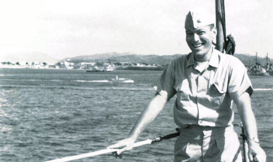 Leonard Lauder in uniform on Navy boat